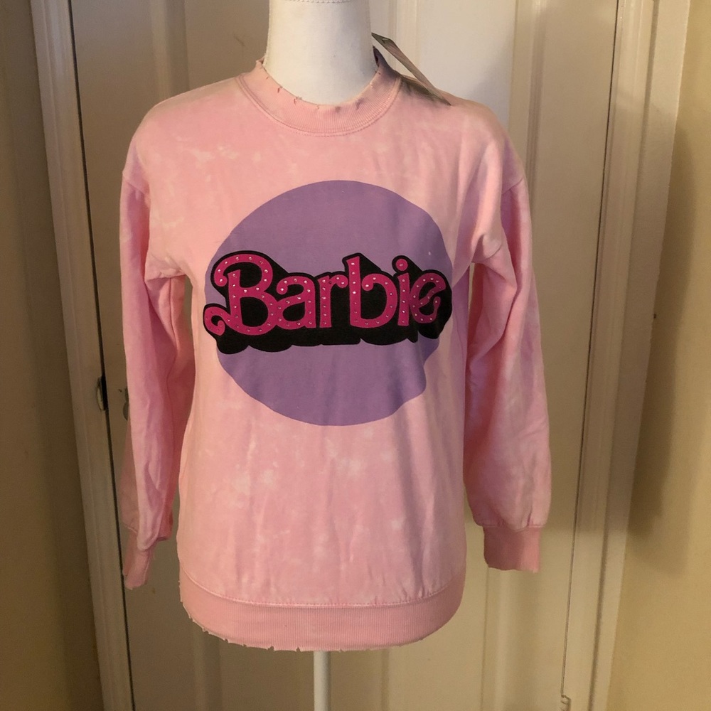Barbie pink Sweatshirt distressed/tie dye look with rhinestones size XS